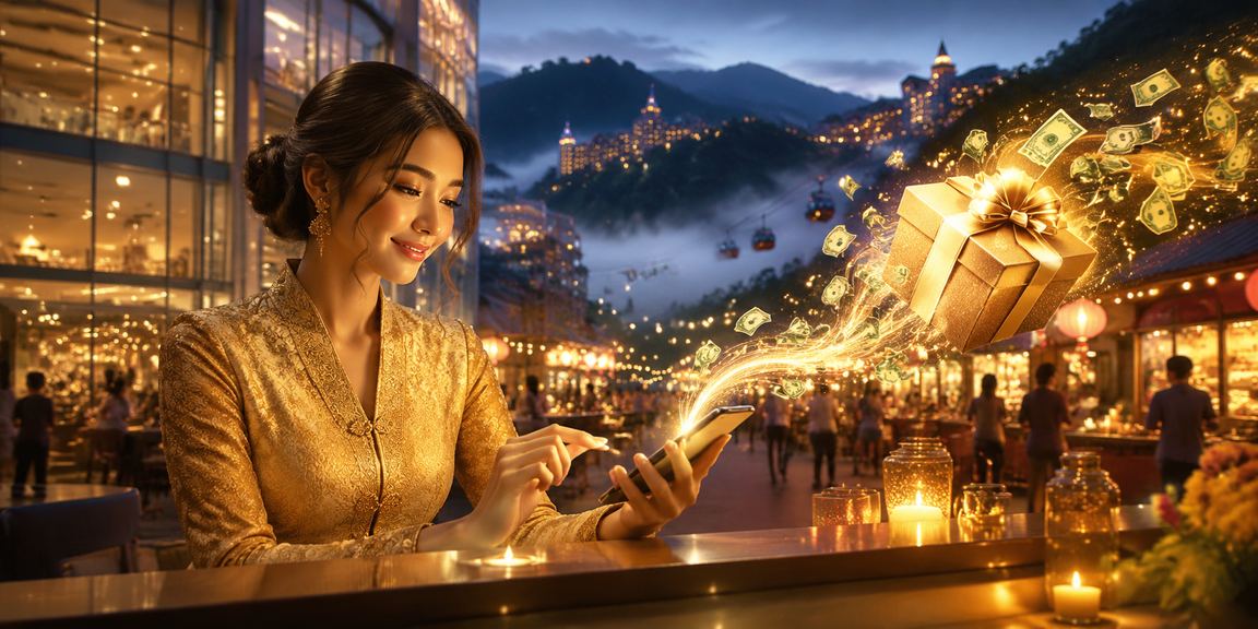 Wanita berbaju kebaya di Genting Highlands bermain kasino mudah alih dengan suasana malam