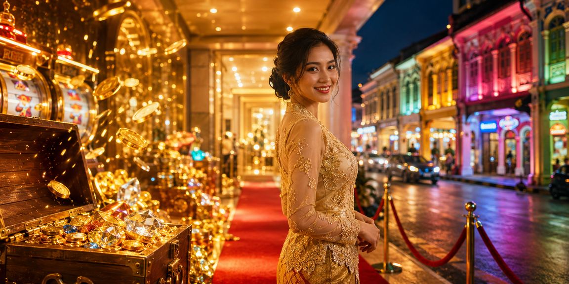 Wanita berbaju kebaya di Penang bermain slot sambil menikmati promosi kasino dalam talian